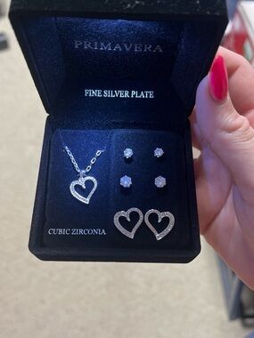 Silver Plated Heart Necklace and Earring Set -Primavera